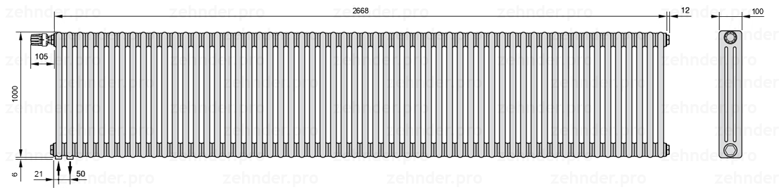 Схема (чертеж) Радиатор Zehnder Charleston 3100/58 №V001 Белый глянцевый RAL 9016